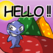 Alien bleu sur plan�te color�e disant "Hello"