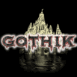 Mention "Gothik" sur fond noir avec �glise